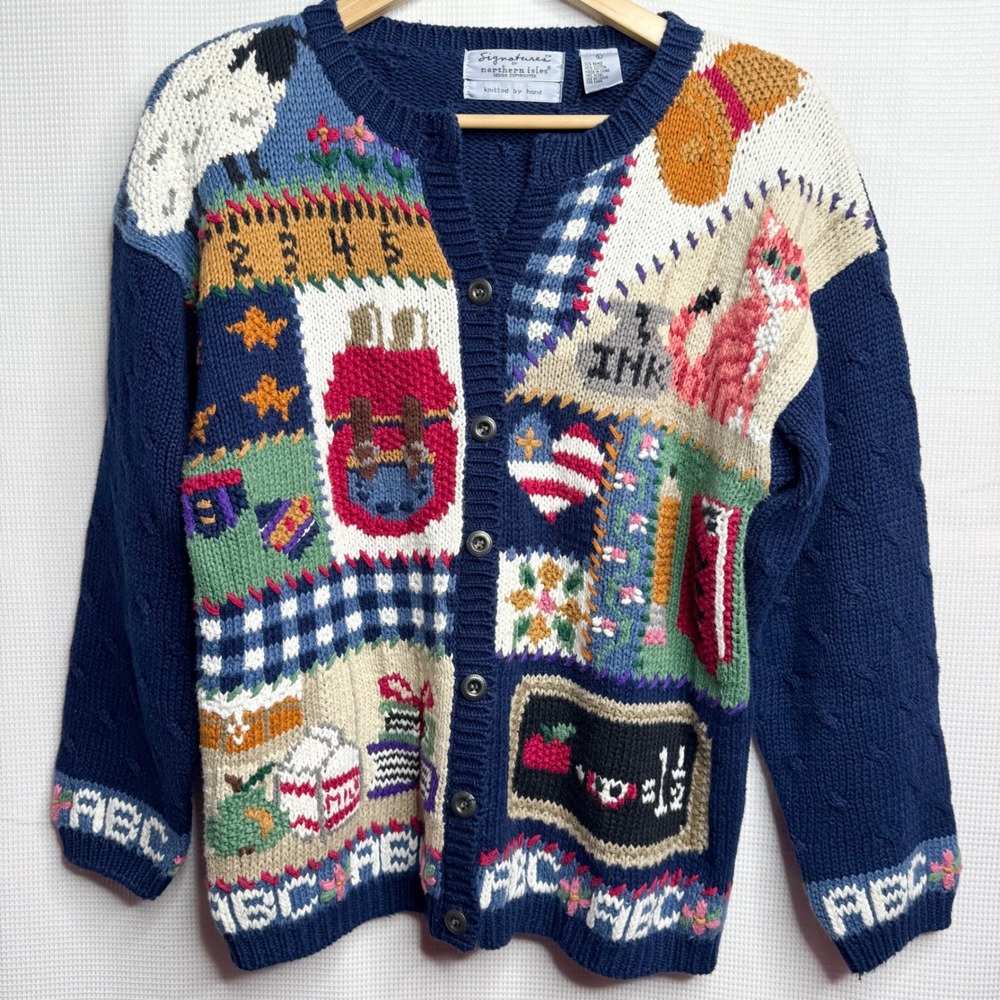 Vintage 90s Northern Isles Teacher School ABC Hand Knit Cardigan Sweater Large